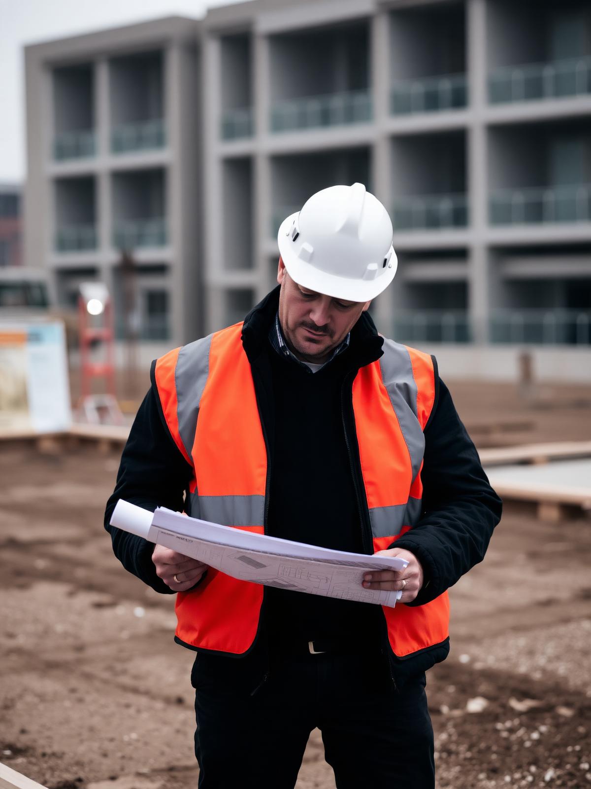 Site engineer in helmet and vest reviewing drawings