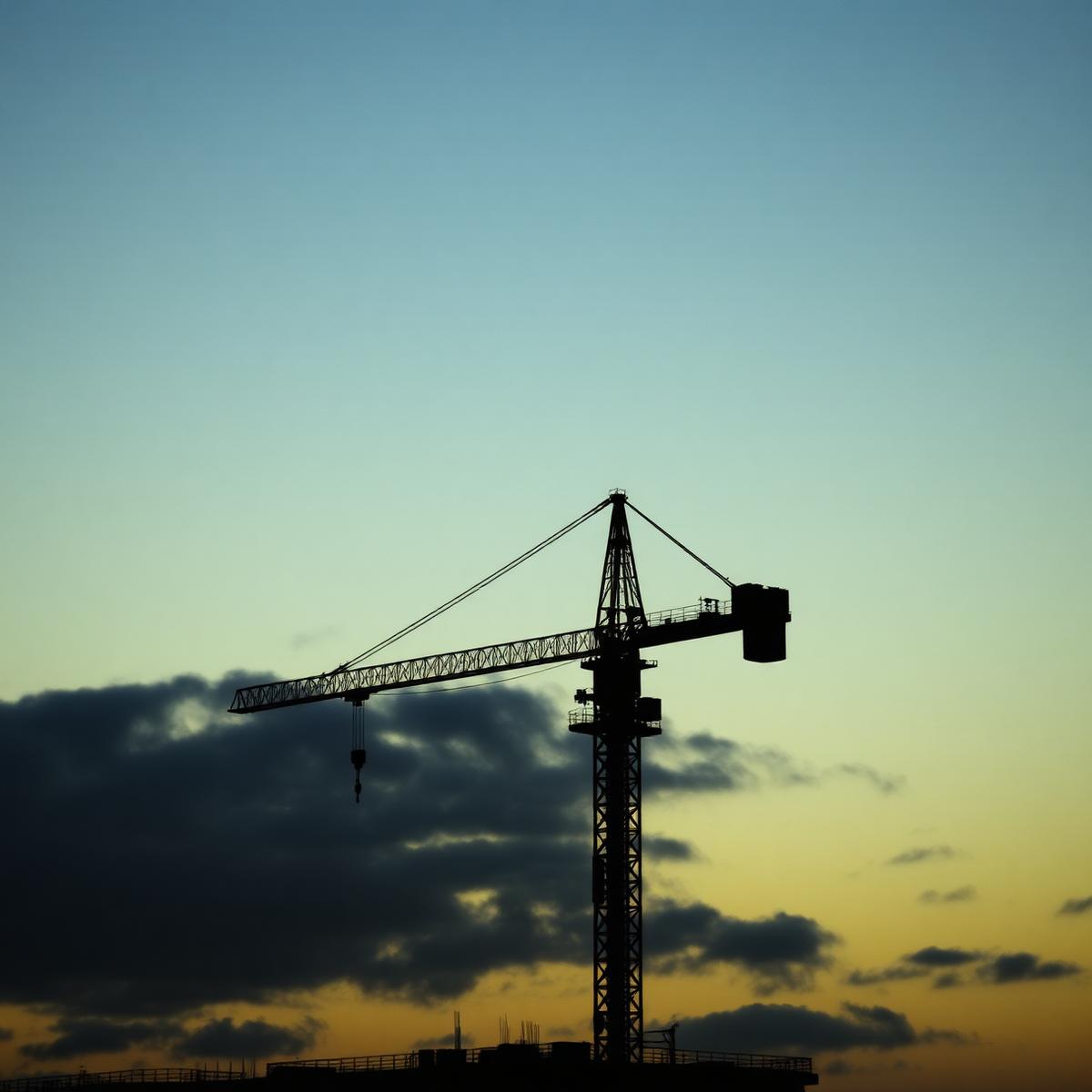 Tower crane silhouetted against evening sky
