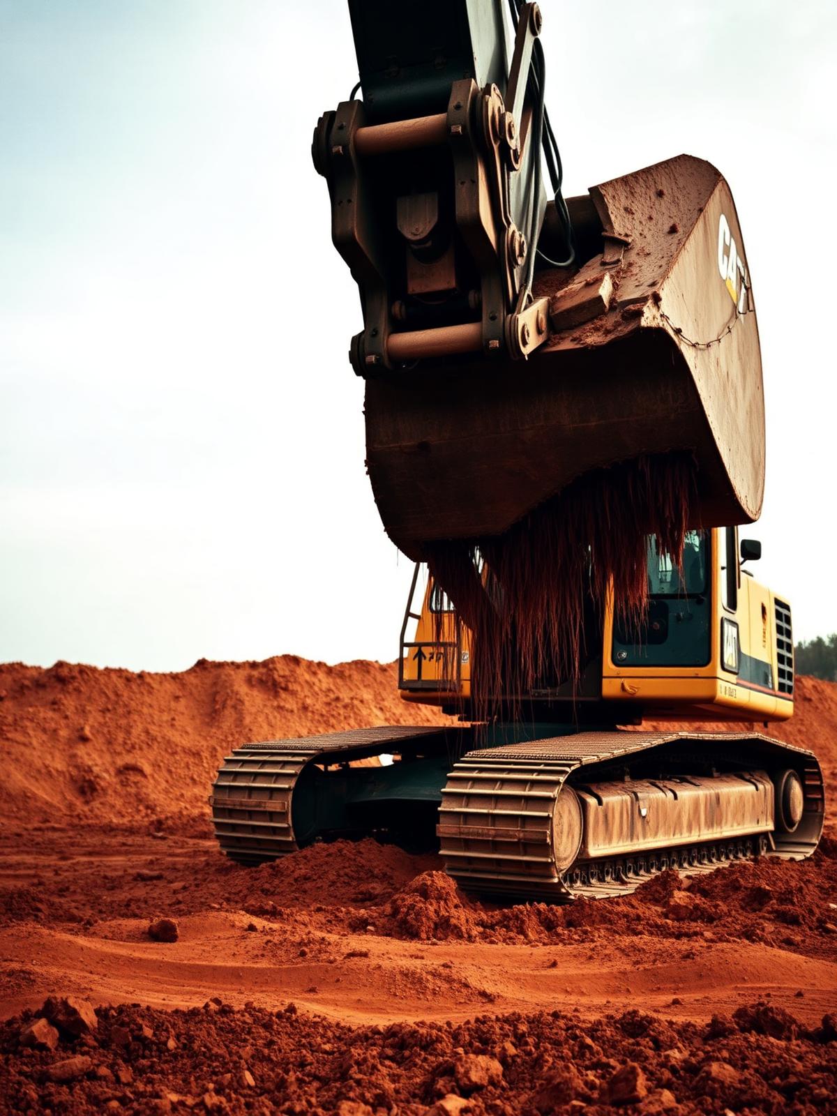 Excavator moving earth on a prepared site